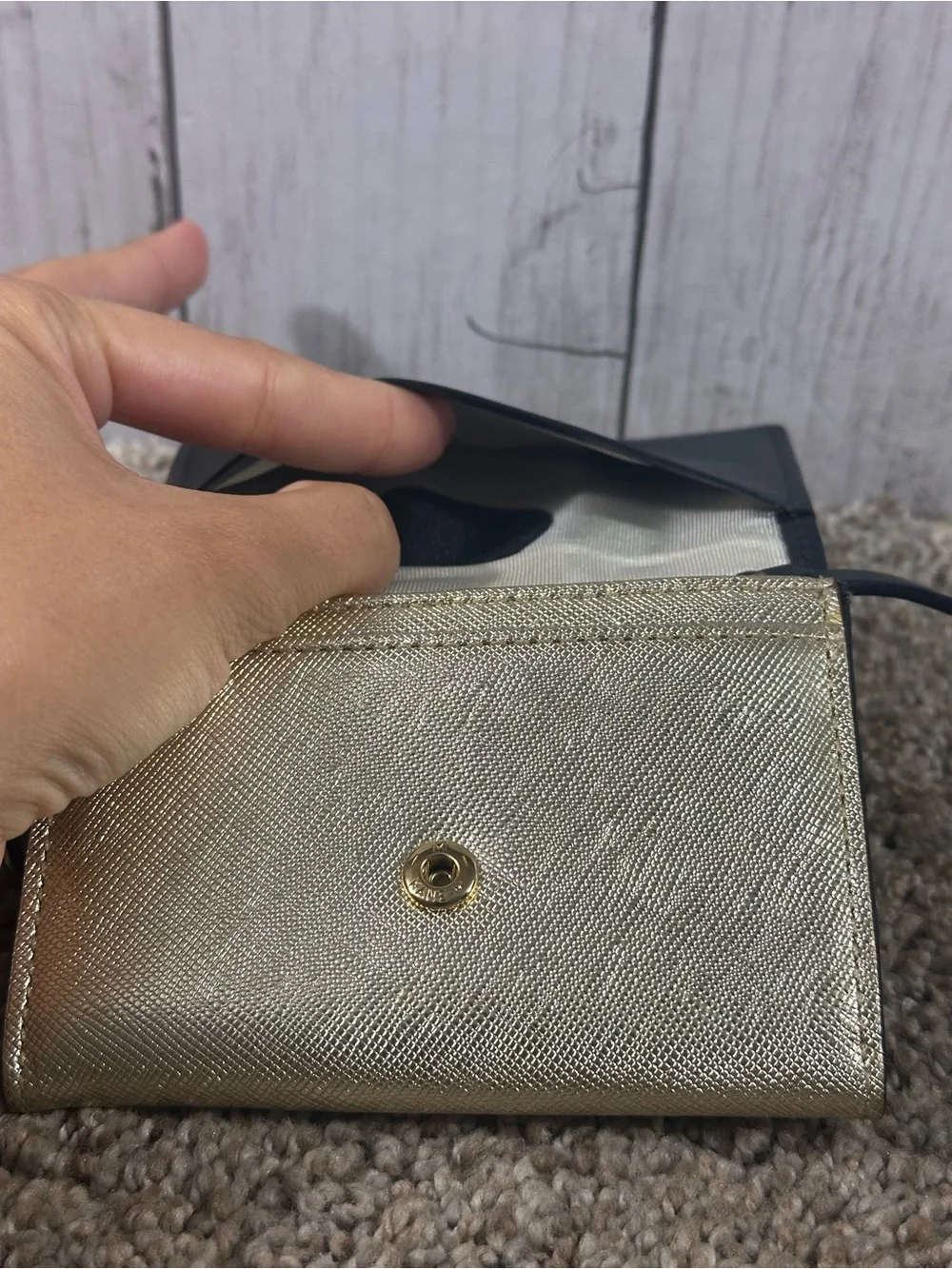 Kate Spade New York Champagne Trifold Wallet w/ Black Polka Dots
